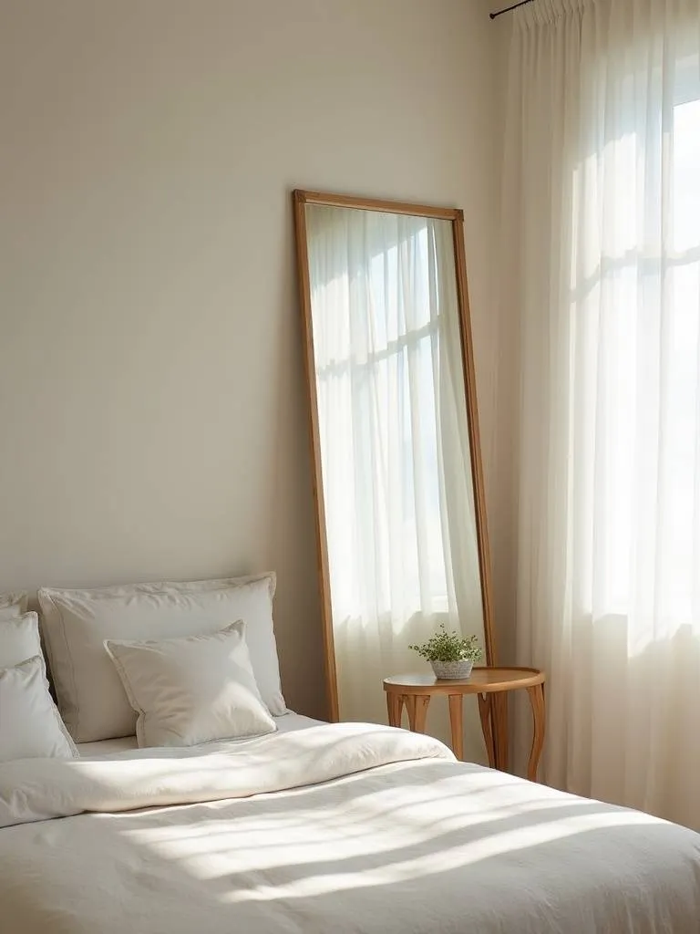 Small bedroom with a full wall mirror reflecting light.