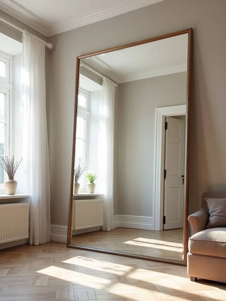 A large mirror in a living room, reflecting light and expanding the space.