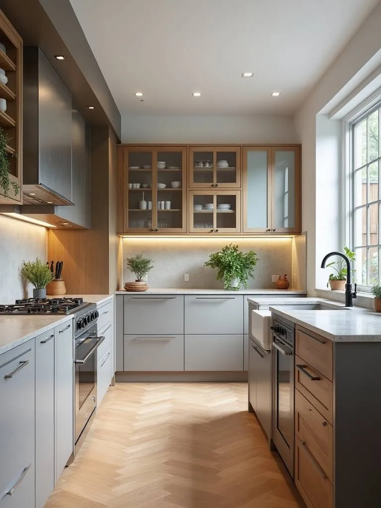 modern kitchen with various cabinet doors and materials.