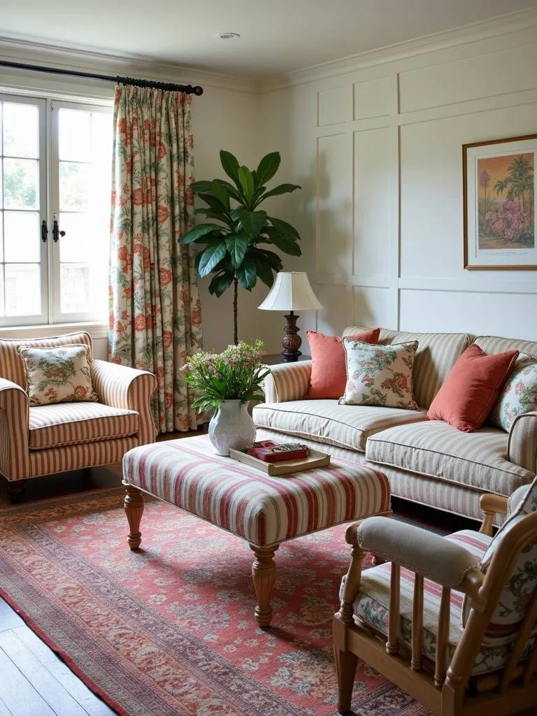 A living room with decor featuring mixed patterns such as stripes and florals.
