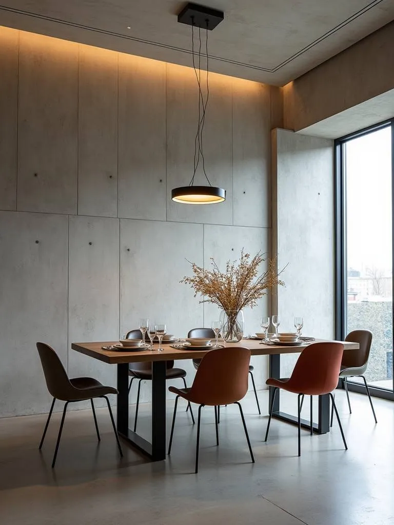 Modern dining room with a polished concrete accent wall