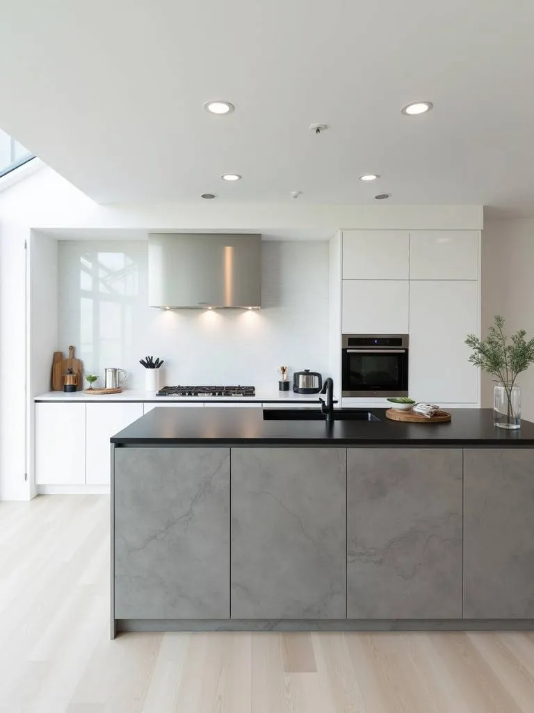 A modern white kitchen with a sleek concrete gray island and a black countertop