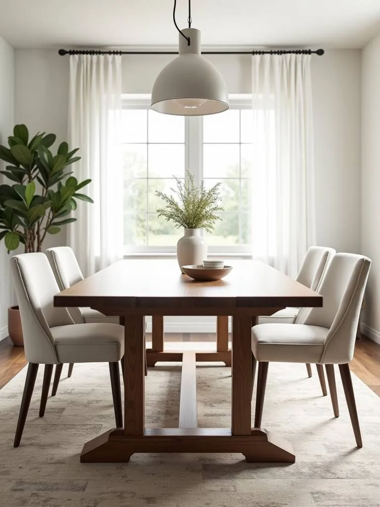 A modern farmhouse dining table styled in a bright, well-lit dining area with minimalist decor