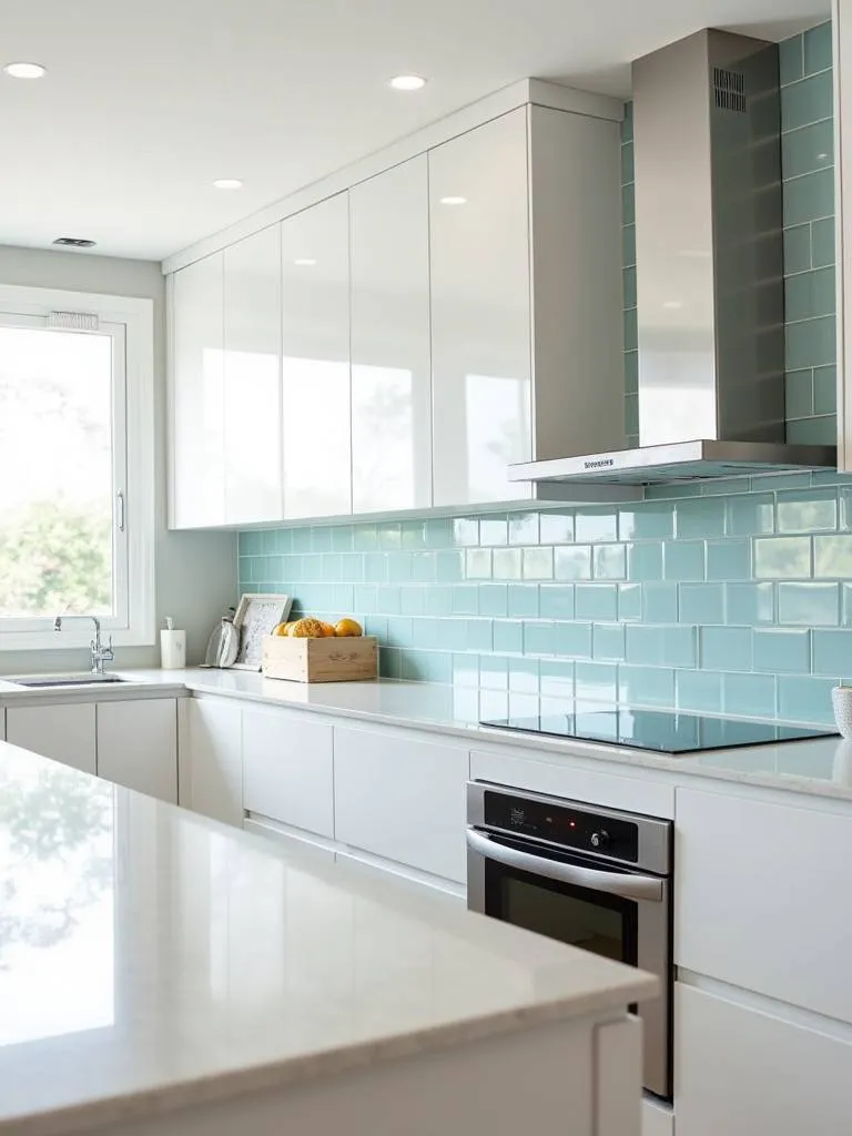 A modern kitchen with white cabinets and a glass tile backsplash
