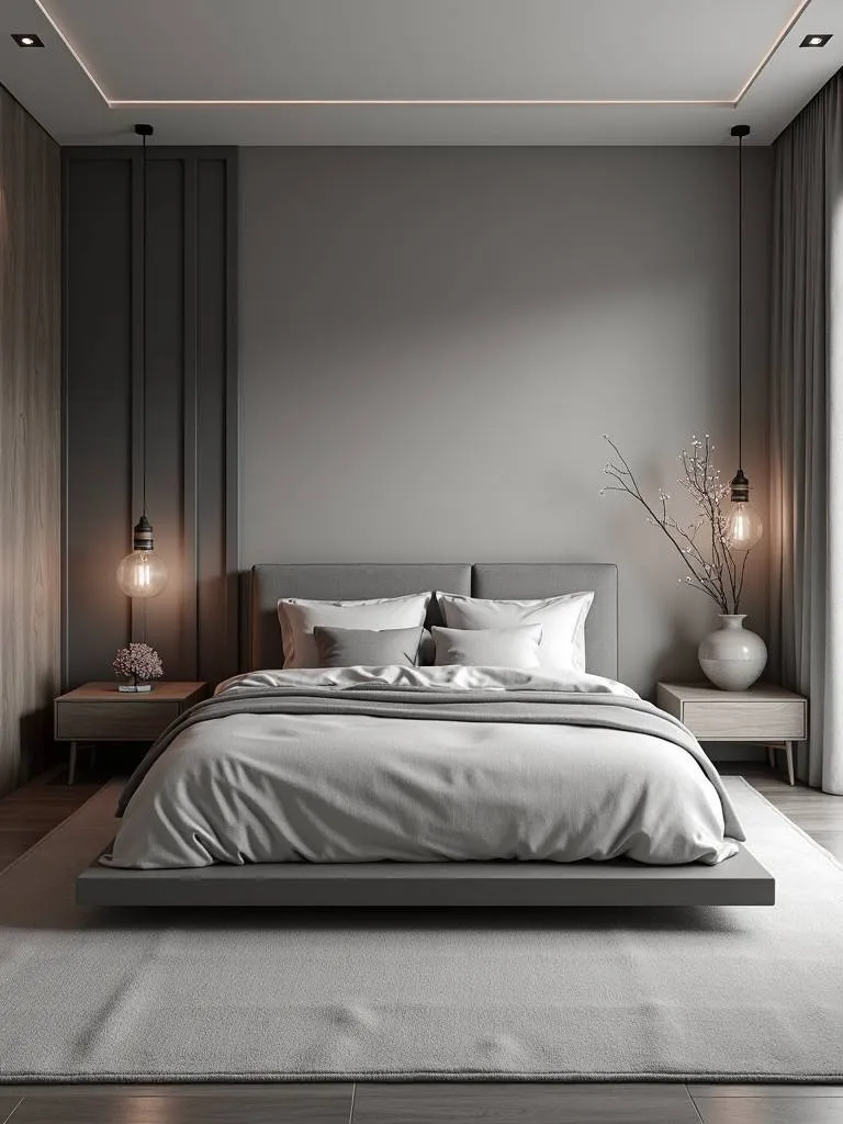 A modern bedroom featuring a monochromatic color scheme in various shades of gray, creating a calming and cohesive space