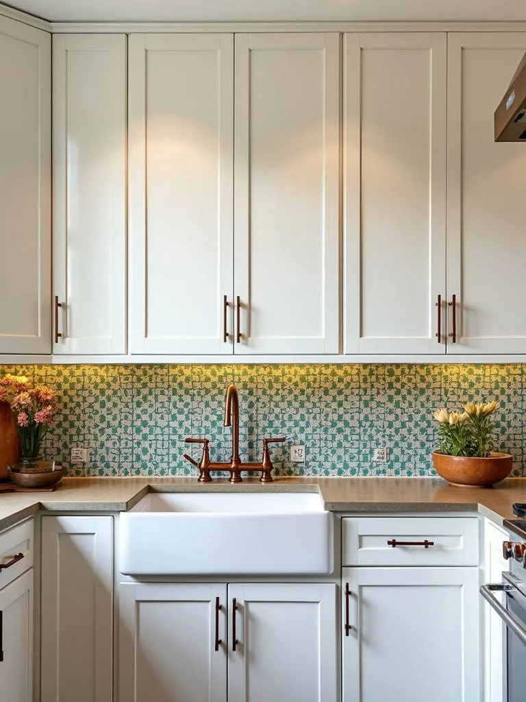A kitchen with white cabinets and a Moroccan inspired tile backsplash