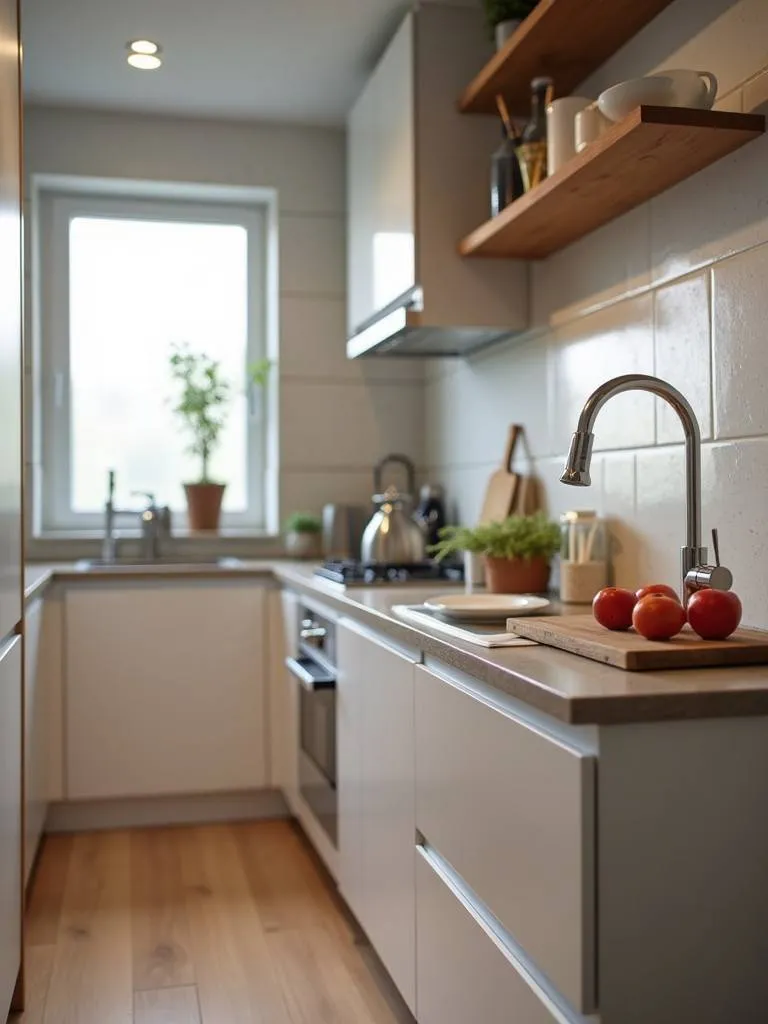 small kitchen featuring a stylish wall-mounted faucet, showing a modern and space-saving design