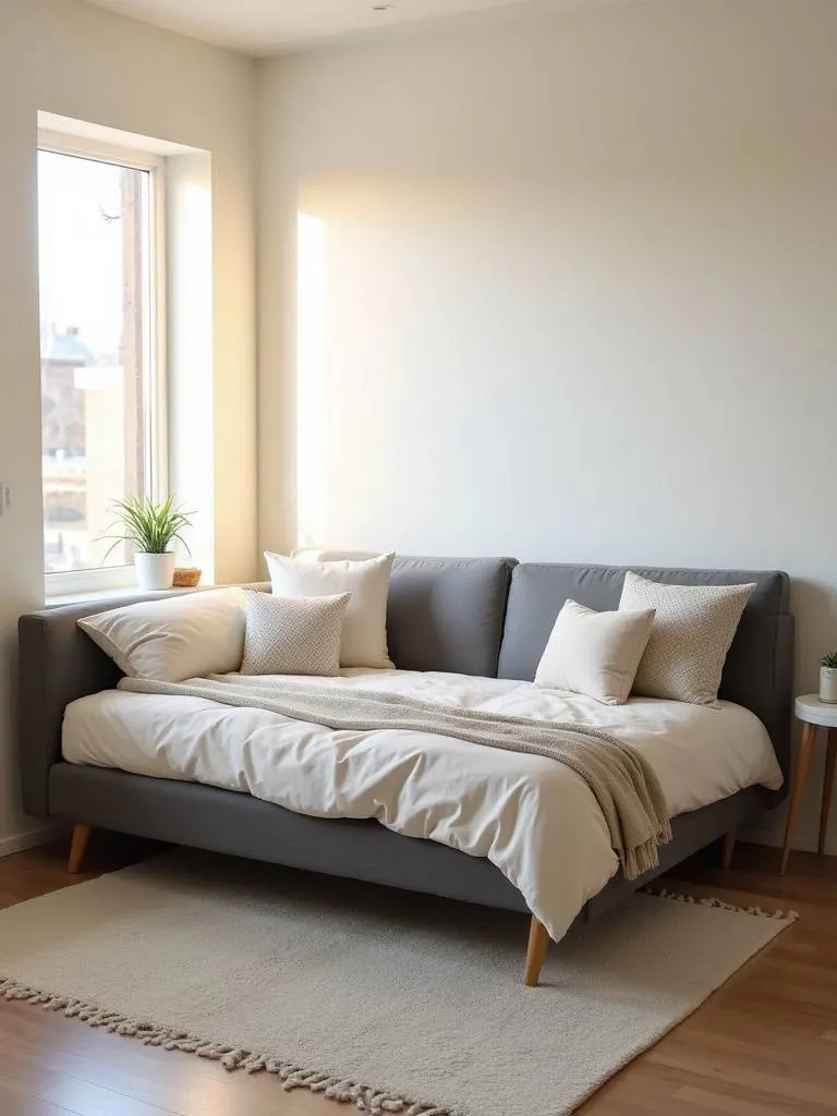 Contemporary small bedroom with daybed sofa unfolded to function as a bed.