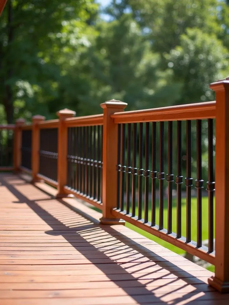 Bold multi-tone deck railing design that adds depth and visual appeal to an outdoor living area.