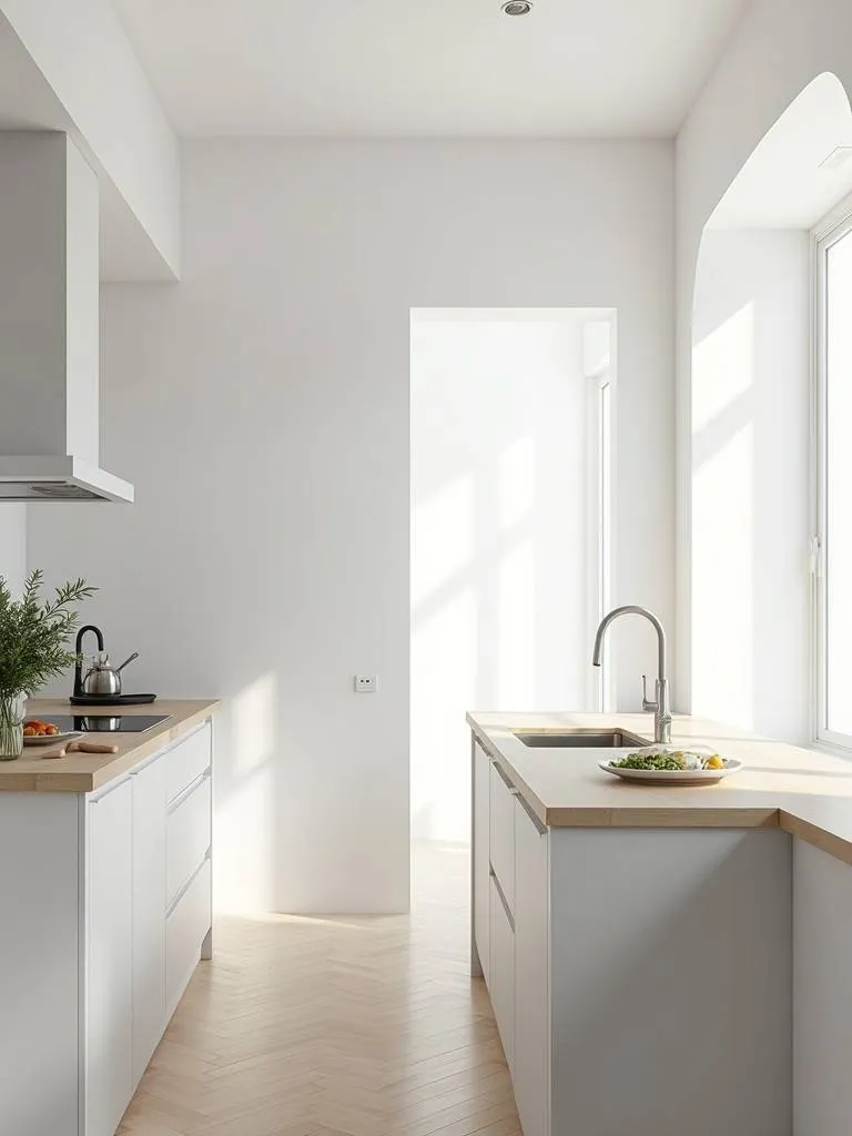 A minimalist white kitchen featuring a subtle muted light gray island with a light wood countertop