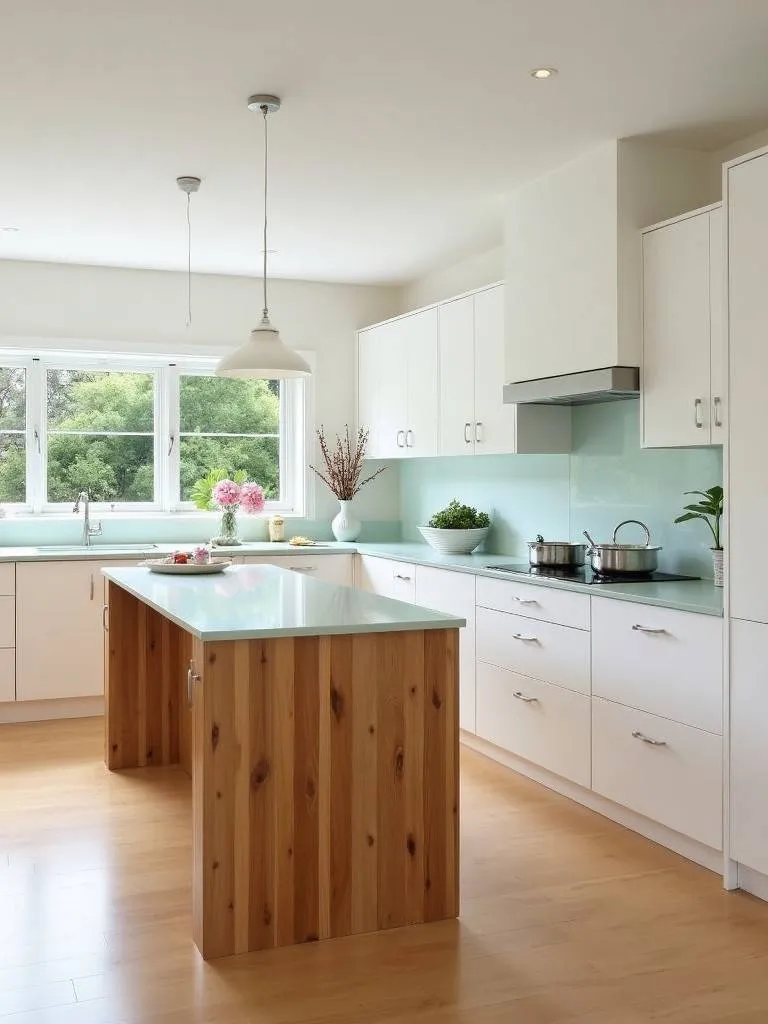 An eco-friendly white kitchen with a natural bamboo island and a light-colored recycled glass countertop