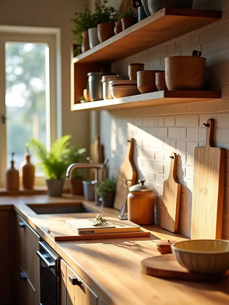 A kitchen featuring a variety of natural wood accents, showcasing different tones and textures.