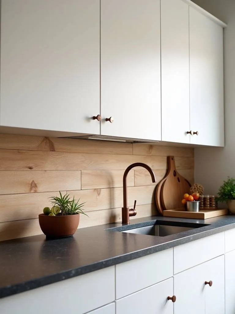 A kitchen with white cabinets and a natural wood backsplash