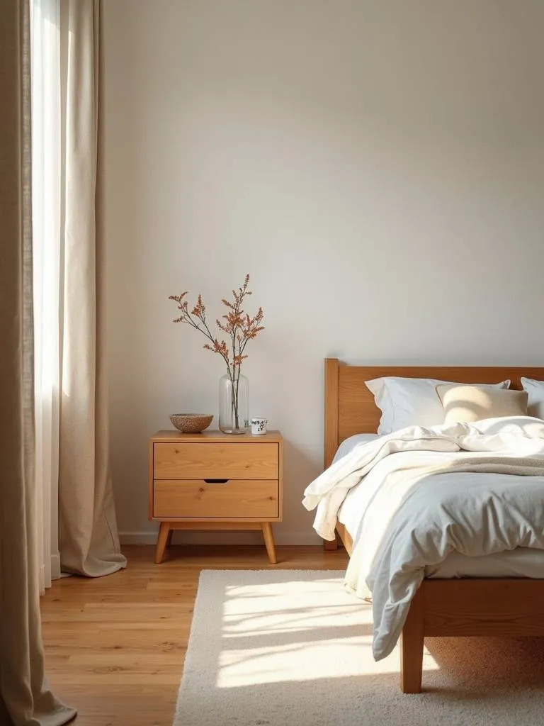 A bedroom featuring natural wood furniture for a warm and inviting feel.
