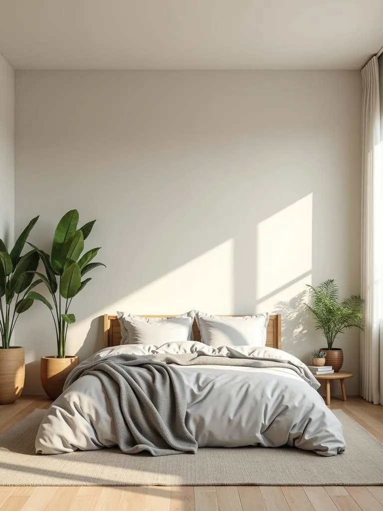 A bedroom with a calming neutral color scheme, using beige and light gray tones to create a serene space