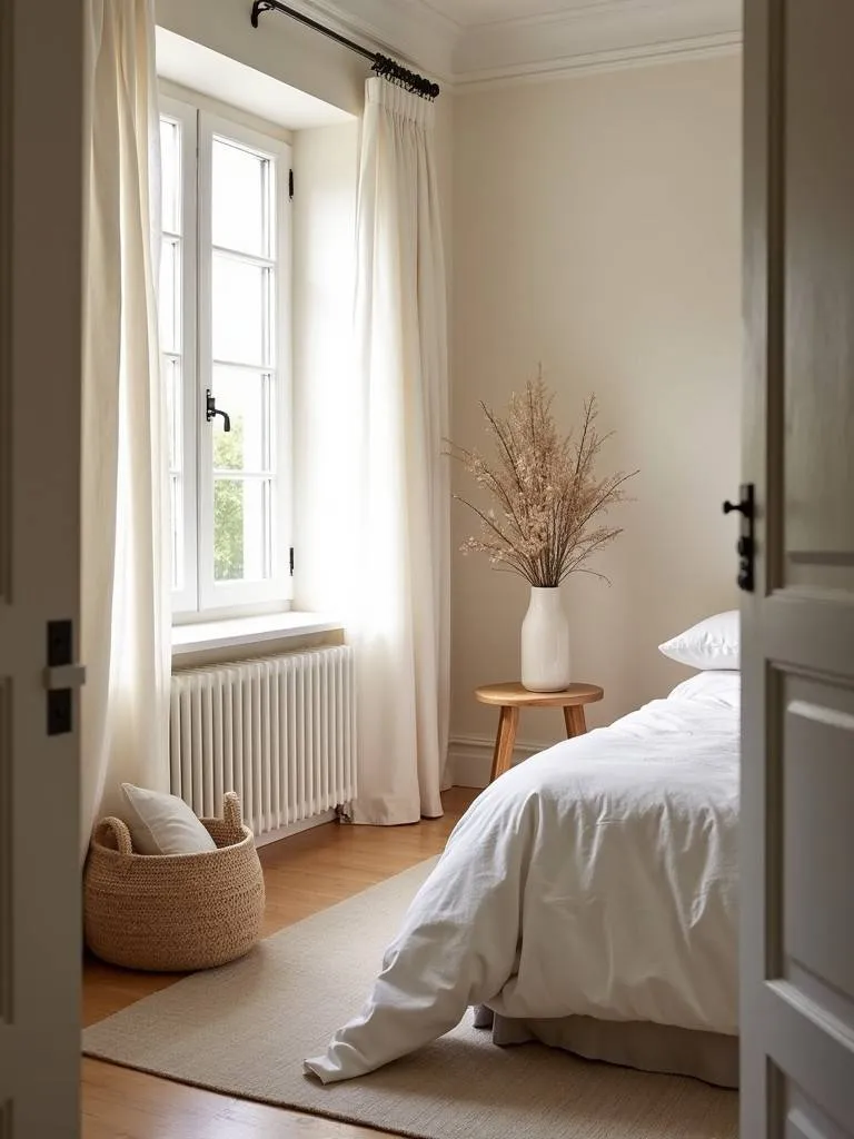 A bedroom with a calming neutral color palette.