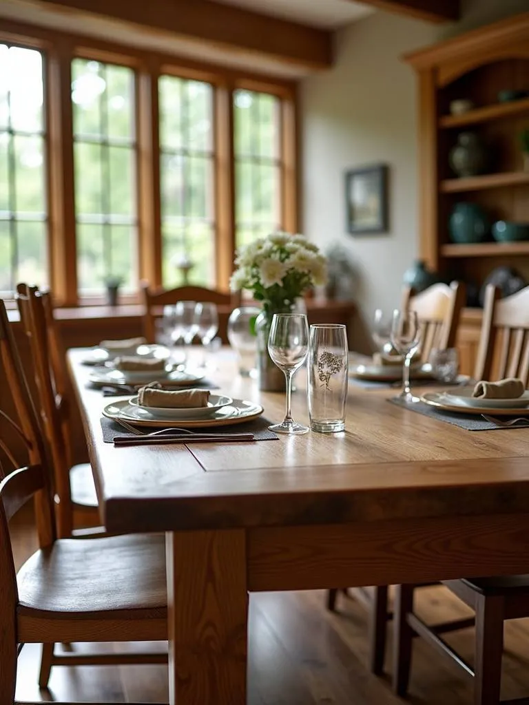 A close up of an oak wood farmhouse table emphasizing details of the grain, and a traditionally designed space