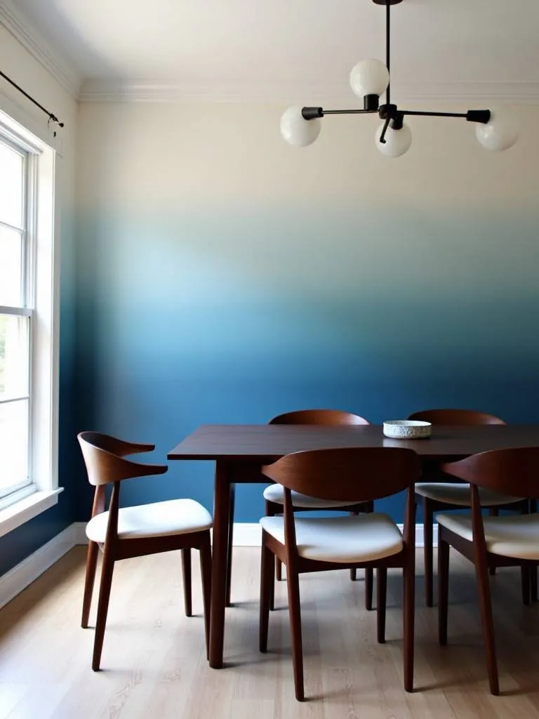 Dining room featuring a light blue to navy ombre color wash accent wall
