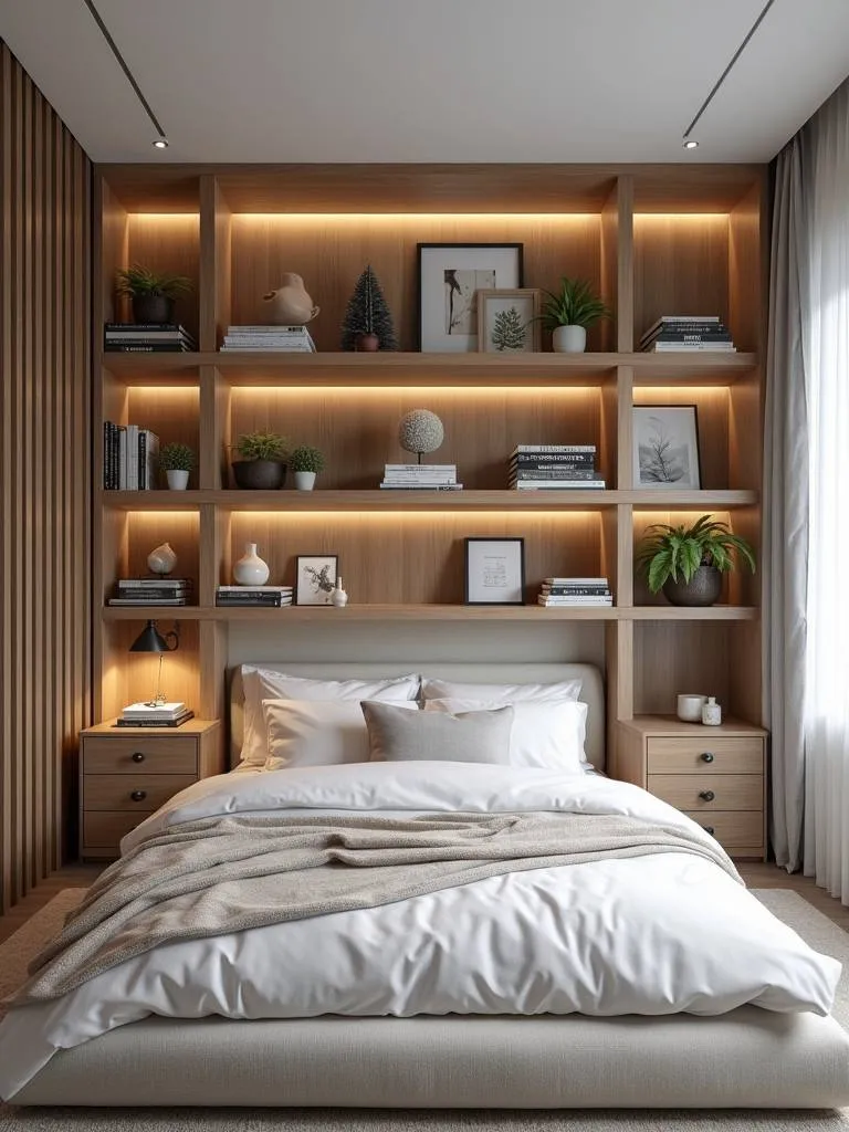 A modern bedroom featuring open shelving, used to display books and decorative objects, adding character and visual interest to the room