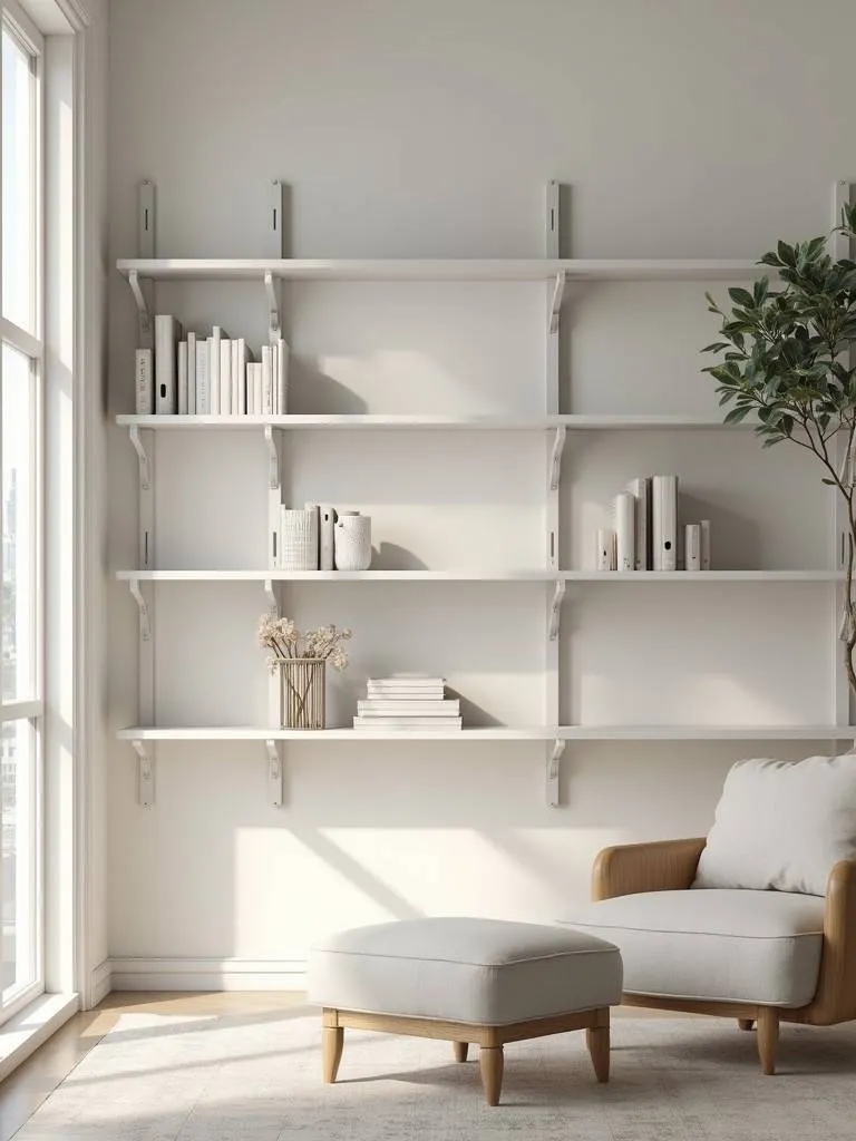 A minimalist living room featuring an open shelving unit with carefully curated items.
