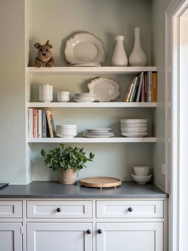 Kitchen with open shelving for display.