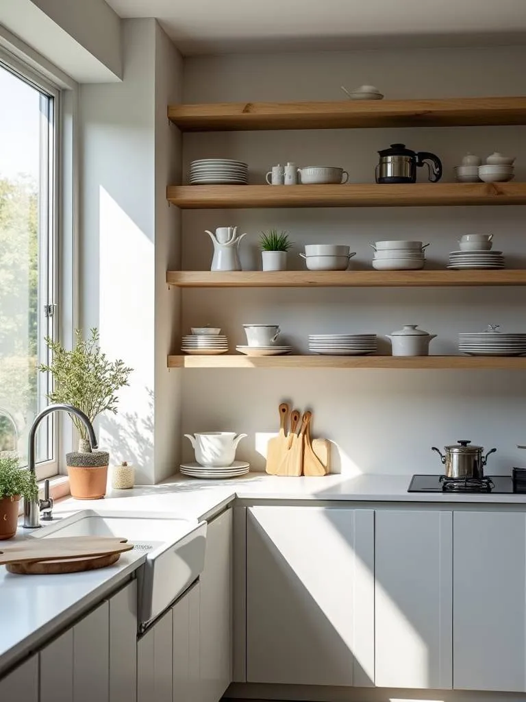 A beautifully styled modern kitchen with open shelving showcasing various cookware and dishes.