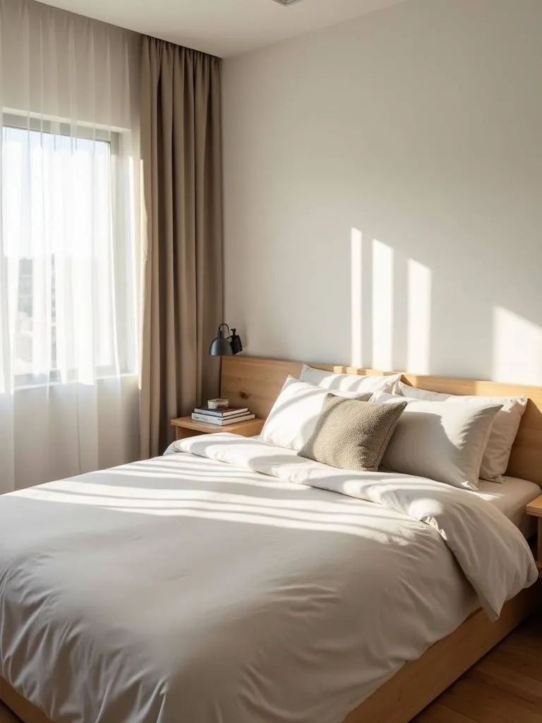 A simple small bedroom with a bed featuring minimalist bedding in soft neutral tones.