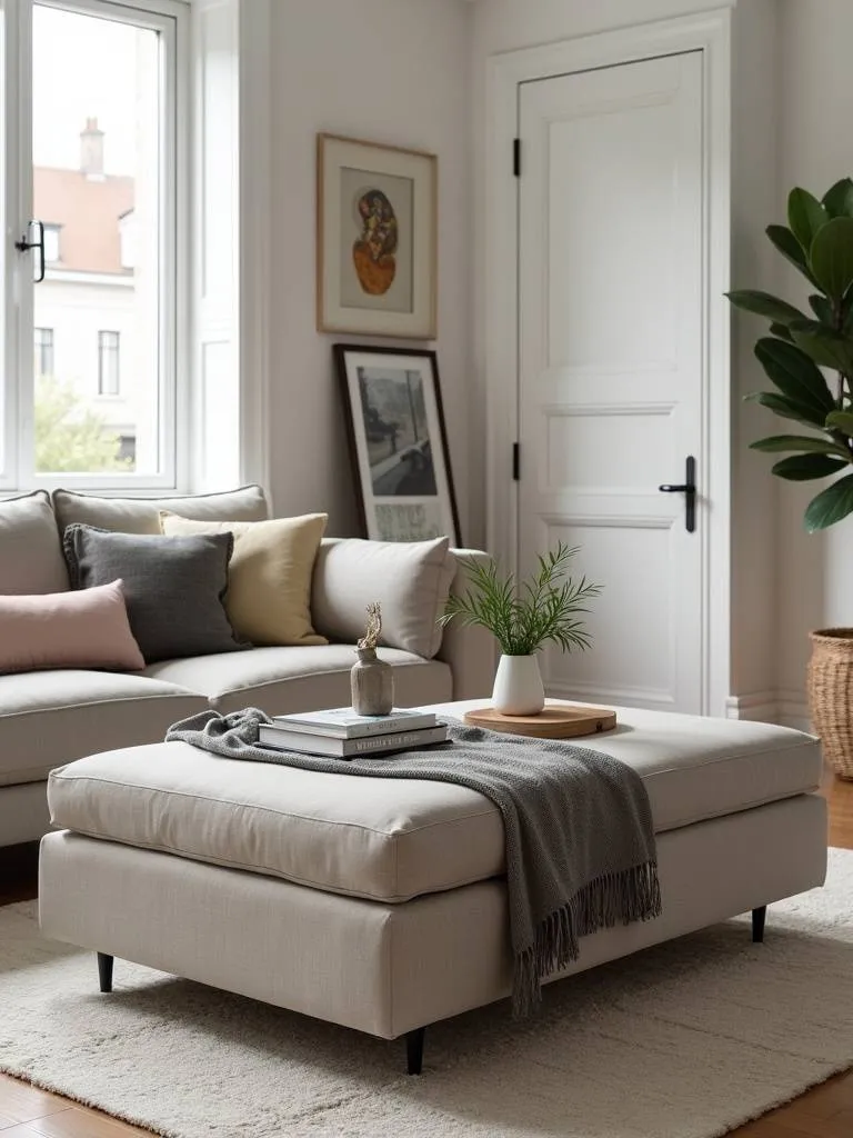 A living room where a multi-functional ottoman serves as a table and a seating arrangement.