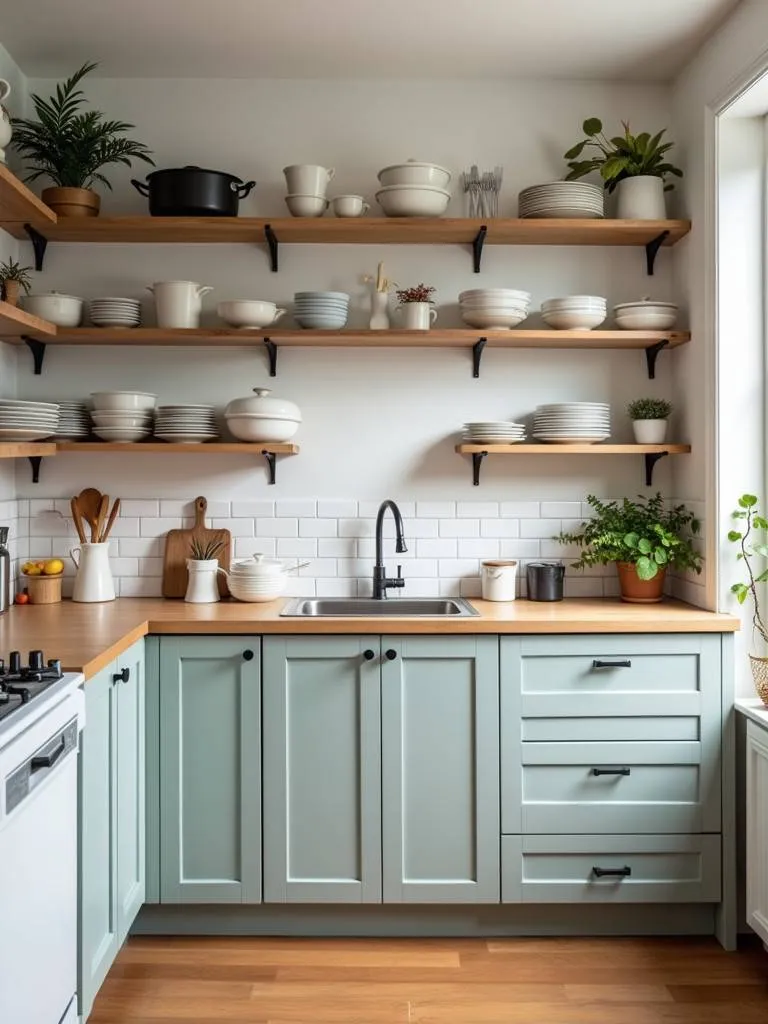 Small kitchen with open shelving displaying well-organized dishes and cookware, creating a sense of spaciousness.