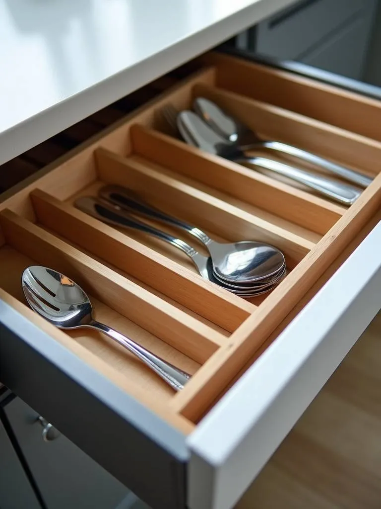 An opened kitchen drawer organized with dividers showcasing neatly arranged silverware.
