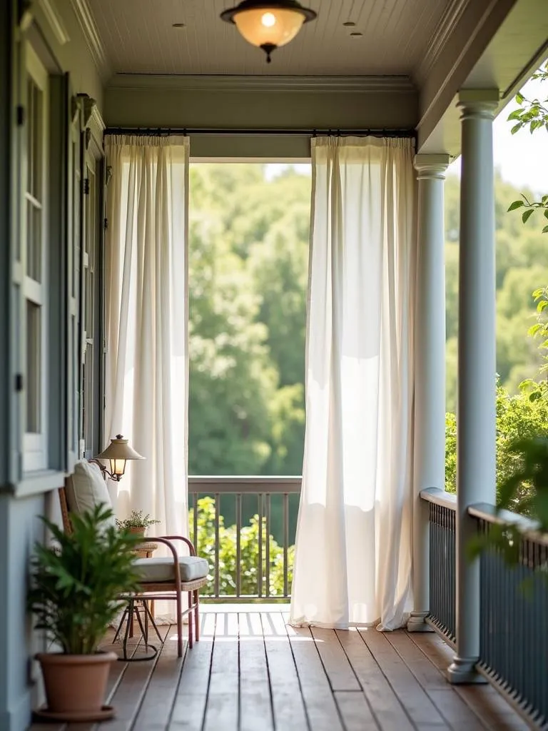 A front porch with outdoor curtains gently blowing in the breeze.