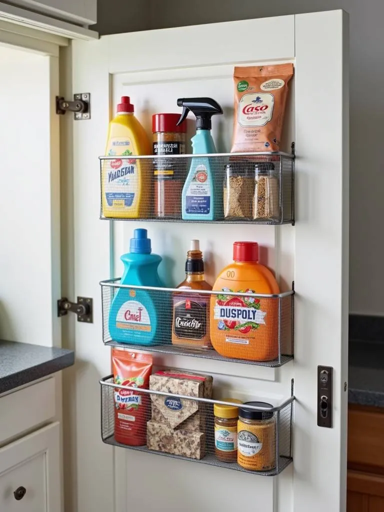 An over-the-door organizer with various items hanging on a kitchen cabinet door
