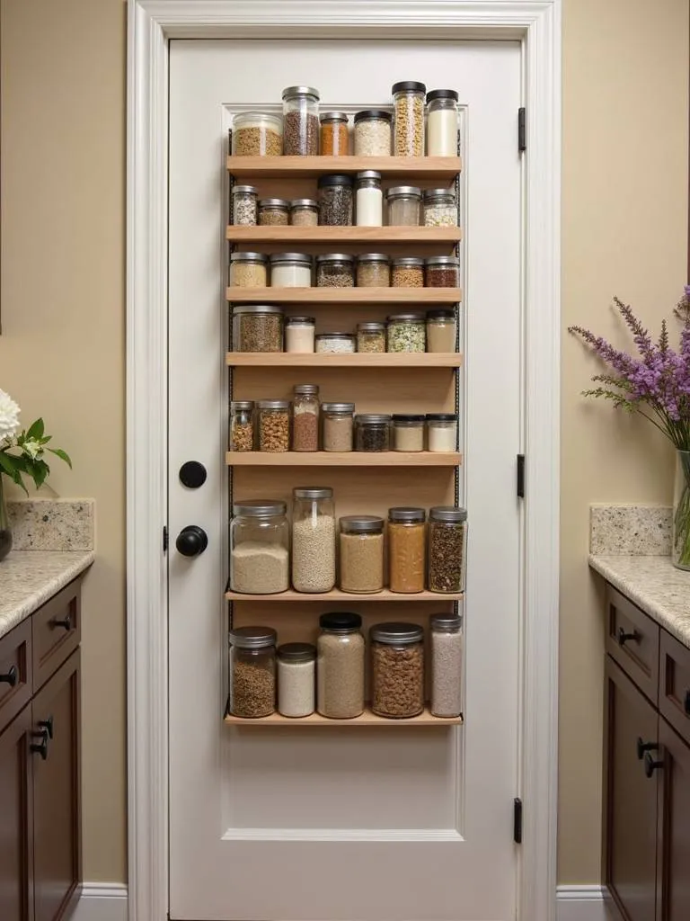 An over-the-door pantry organizer filled with jars on a pantry door
