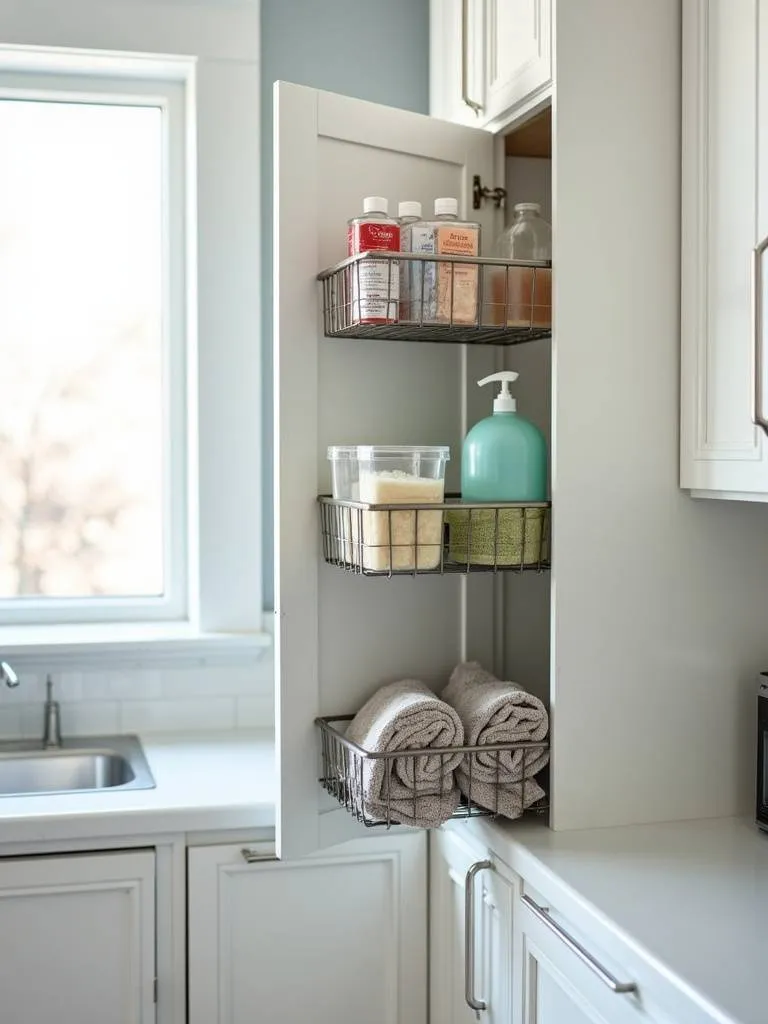 Image of a over-the-door storage basket filled with cleaning supplies hanging from a cabinet door