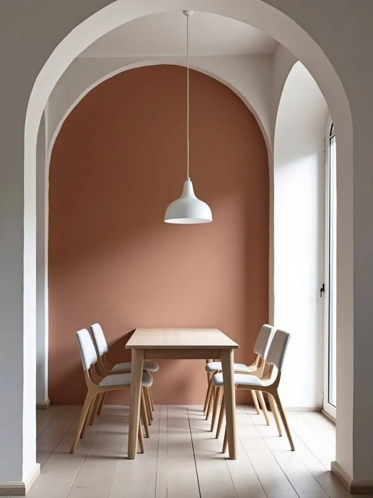 Minimalist dining room with a painted archway accent wall in a muted terracotta color