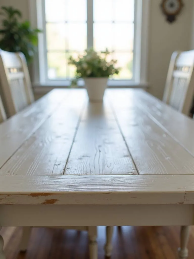 A painted farmhouse table with a chalk paint finish, showing detail and texture in a rustic setting