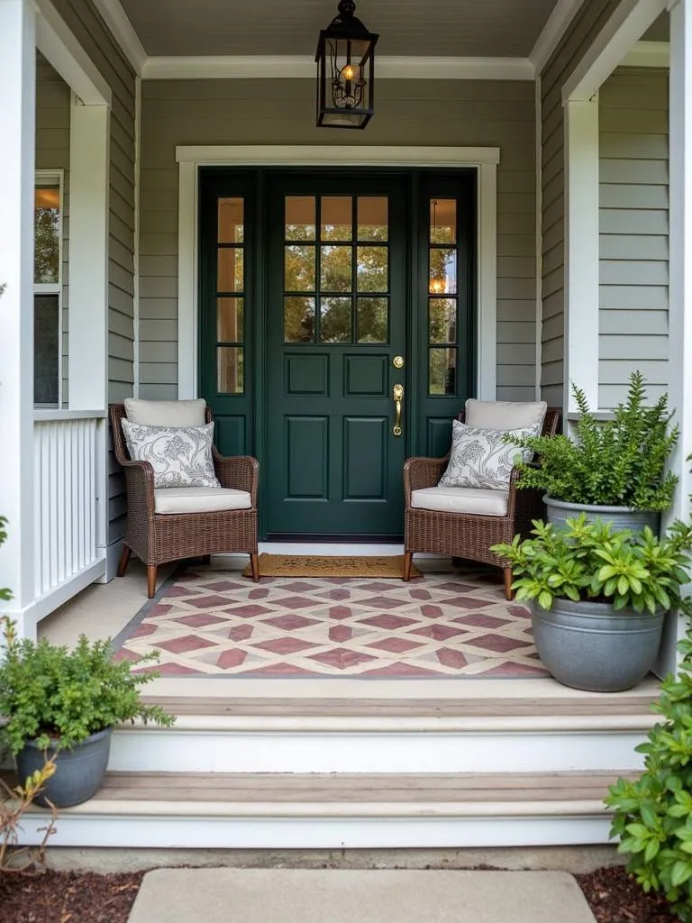 A front porch with a painted floor featuring a pattern or solid color.