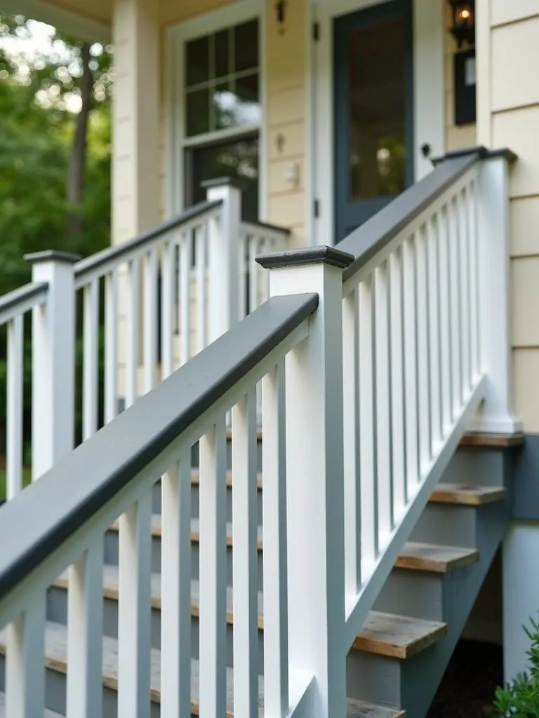 A painted deck railing that complements the exterior of the home, creating a cohesive look.