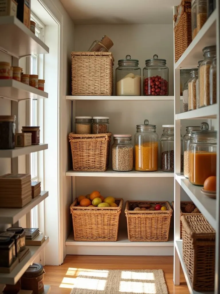 Image of a pantry organized with various sized bins and baskets containing food items