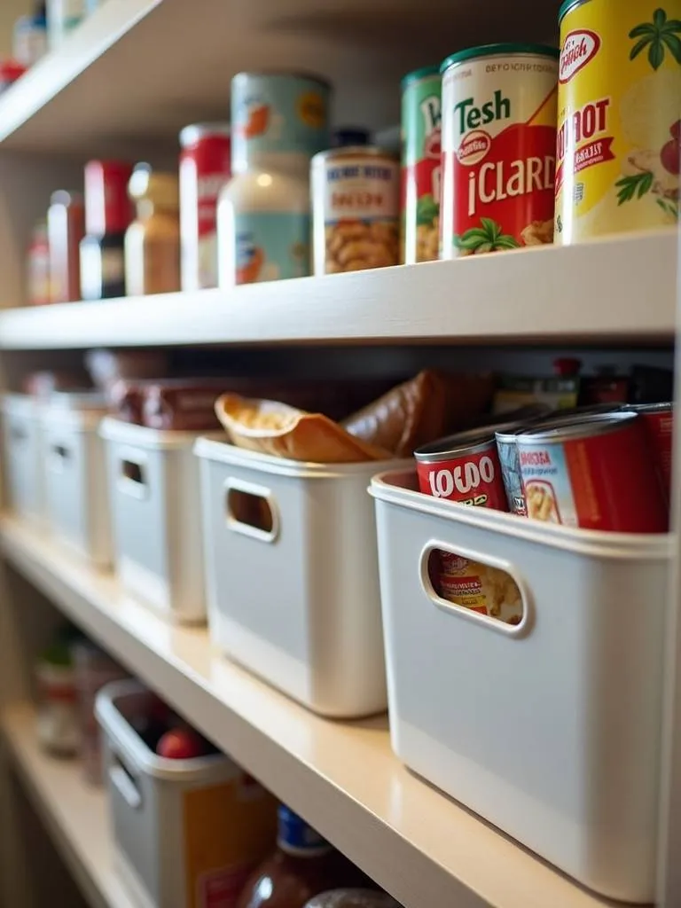Pantry bins with handles in a well-organized pantry.