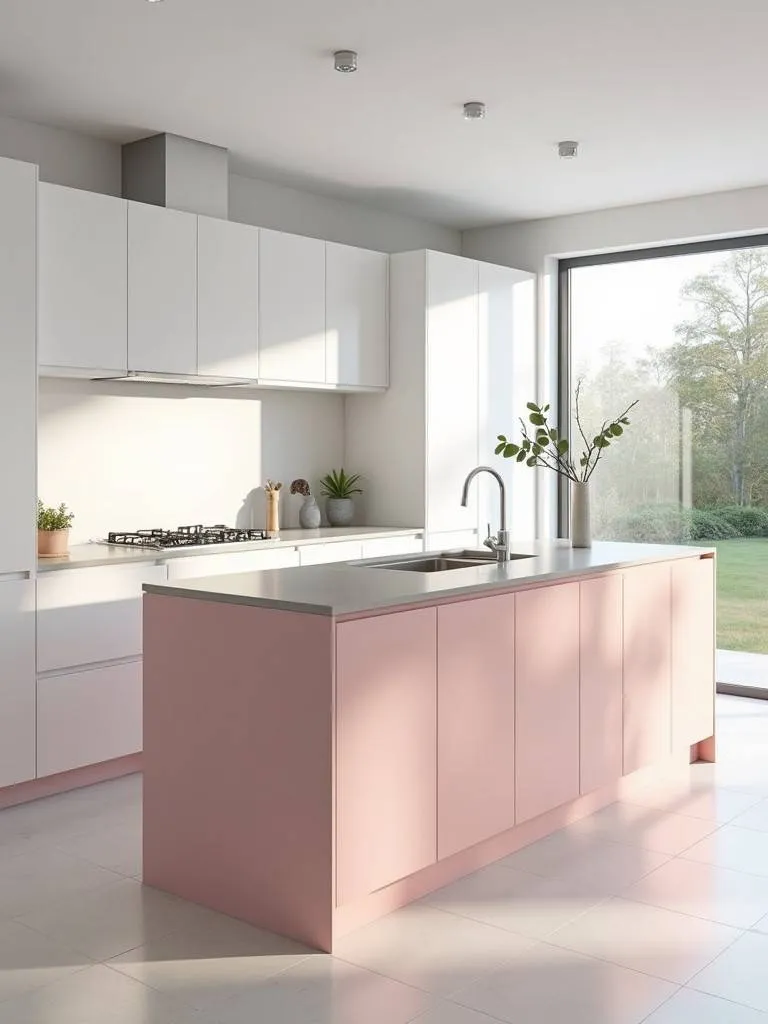 A contemporary white kitchen with a charming pastel pink island and a light gray countertop