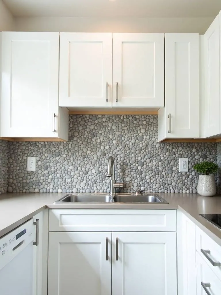 A kitchen with white cabinets and a pebble tile backsplash