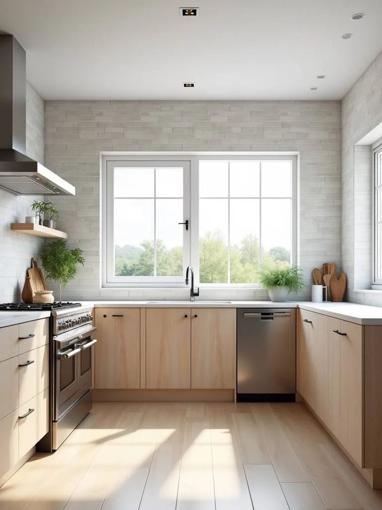 A modern kitchen featuring a peel and stick faux tile wallpaper backsplash