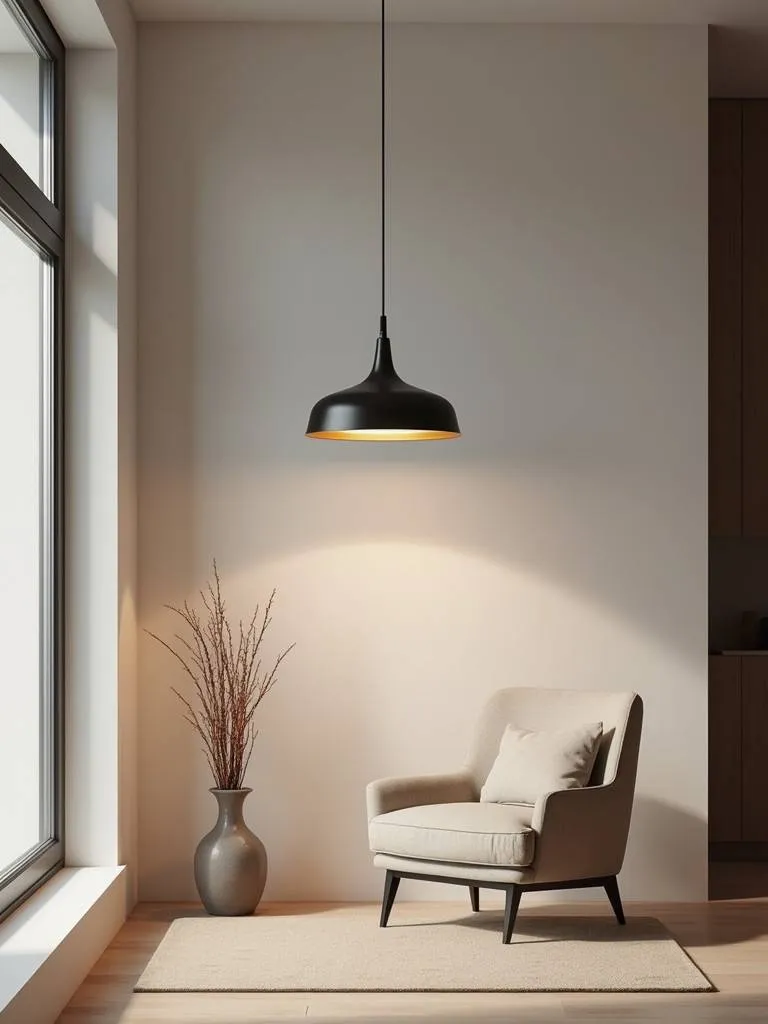 A minimalist living room featuring a pendant light fixture creating a focal point.