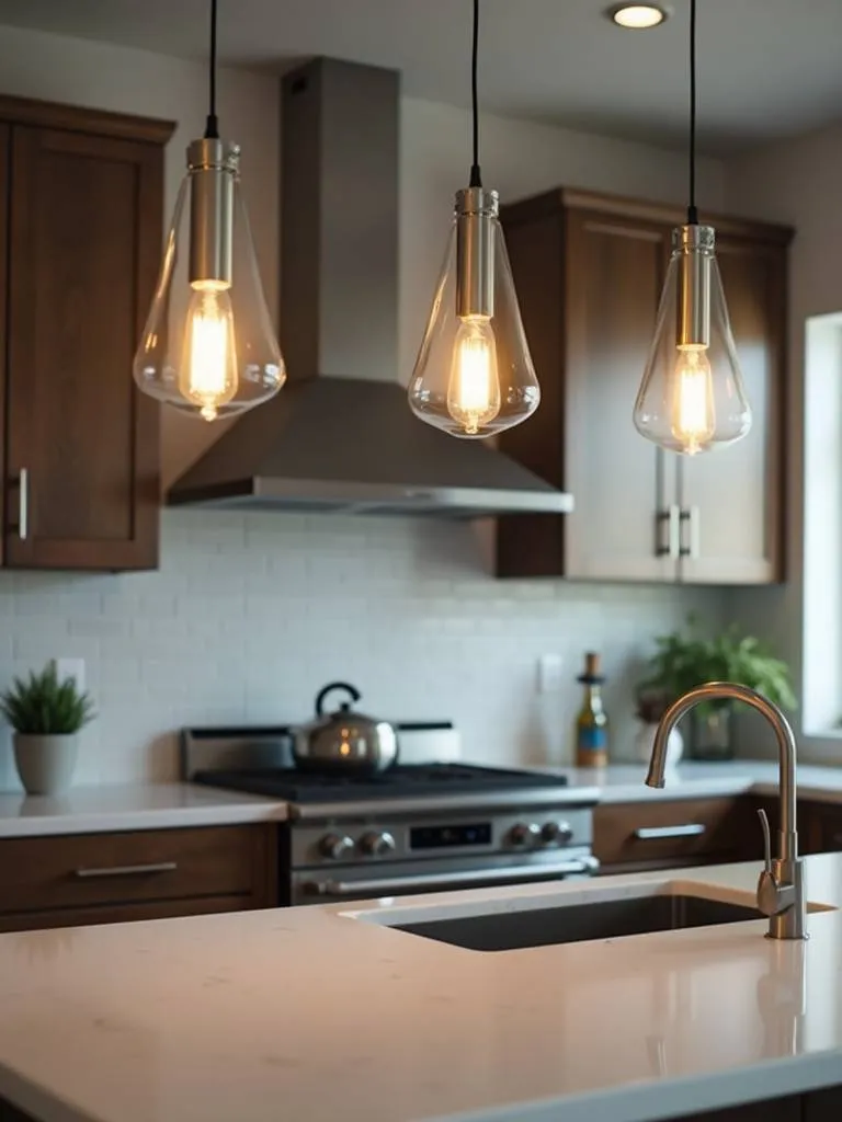 Kitchen island with pendant lights.