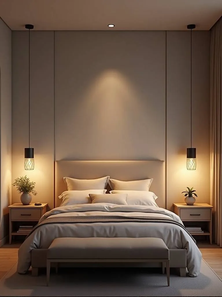 A modern bedroom featuring pendant lights hanging on either side of the bed, adding both style and functional lighting