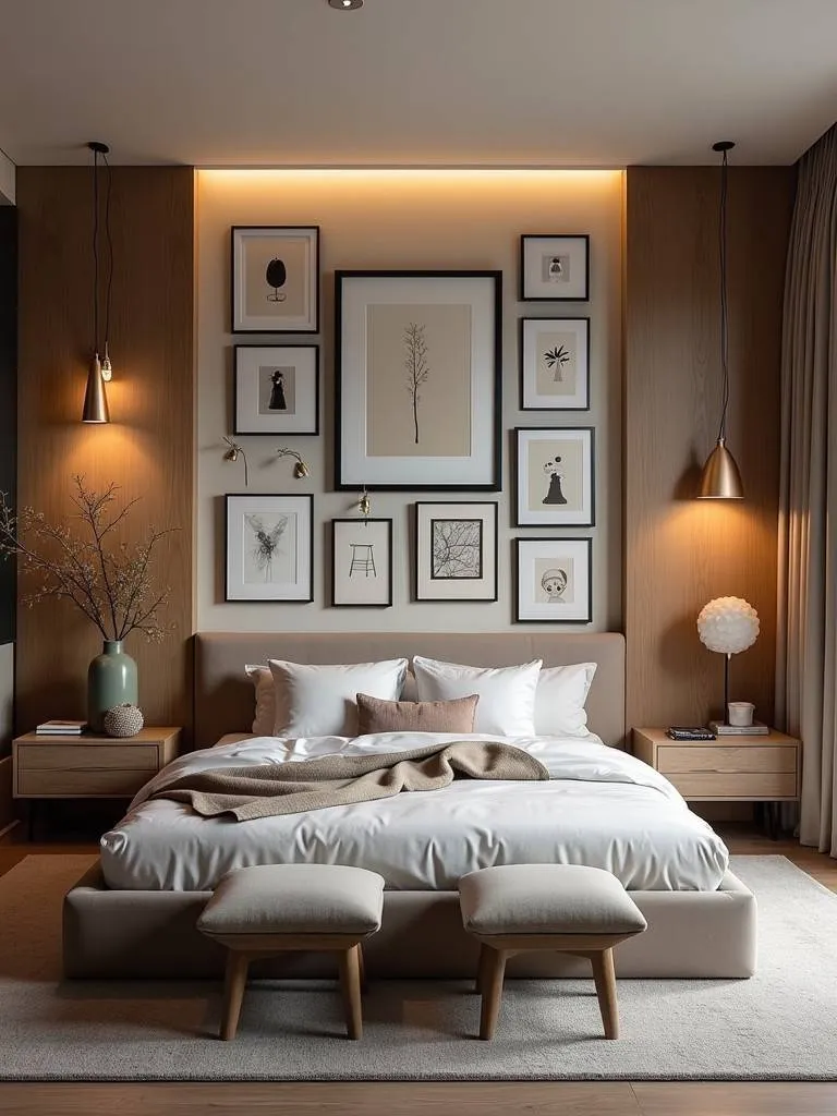 Stylish bedroom featuring a wall of personalized artwork