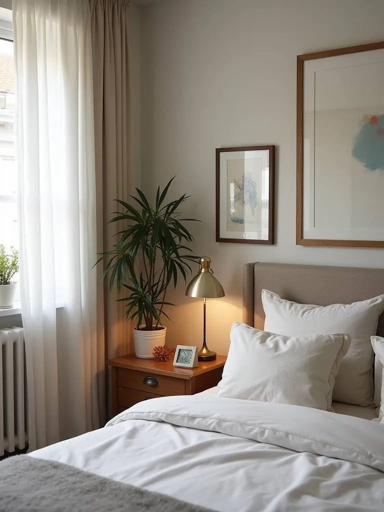 A small bedroom personalized with meaningful display of personal items.
