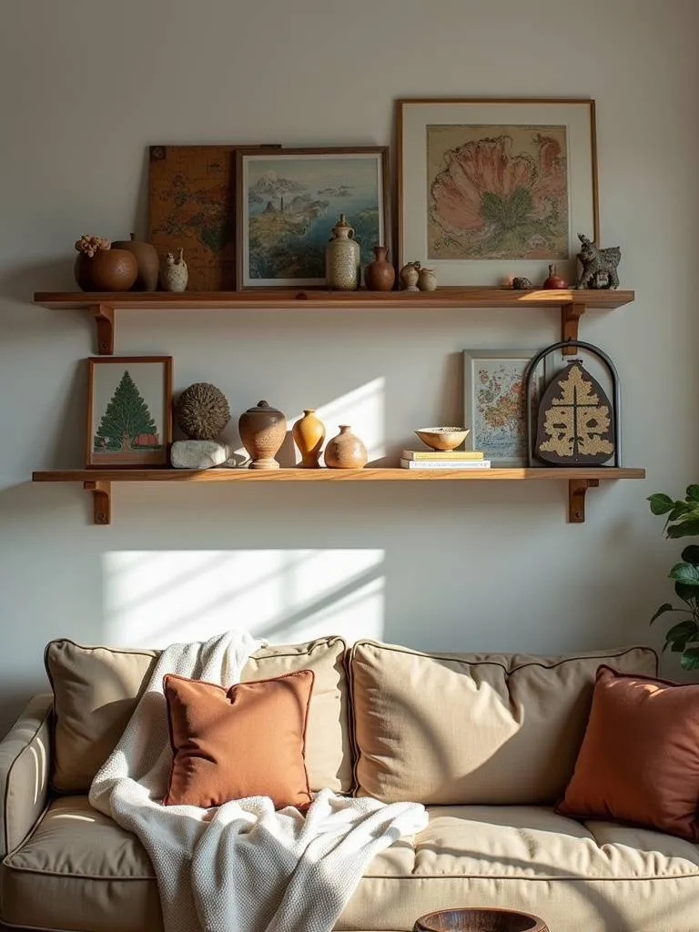 A living room shelf, featuring travel souvenirs from different locations.