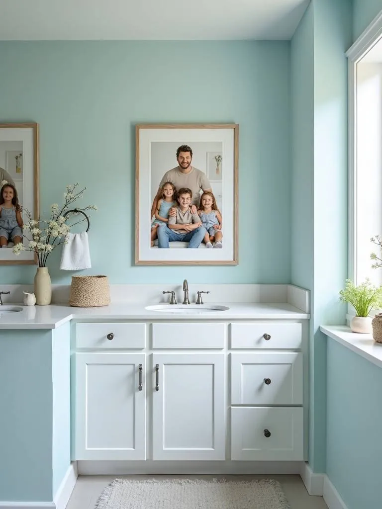 A modern bathroom featuring a stylized family portrait above a double vanity.